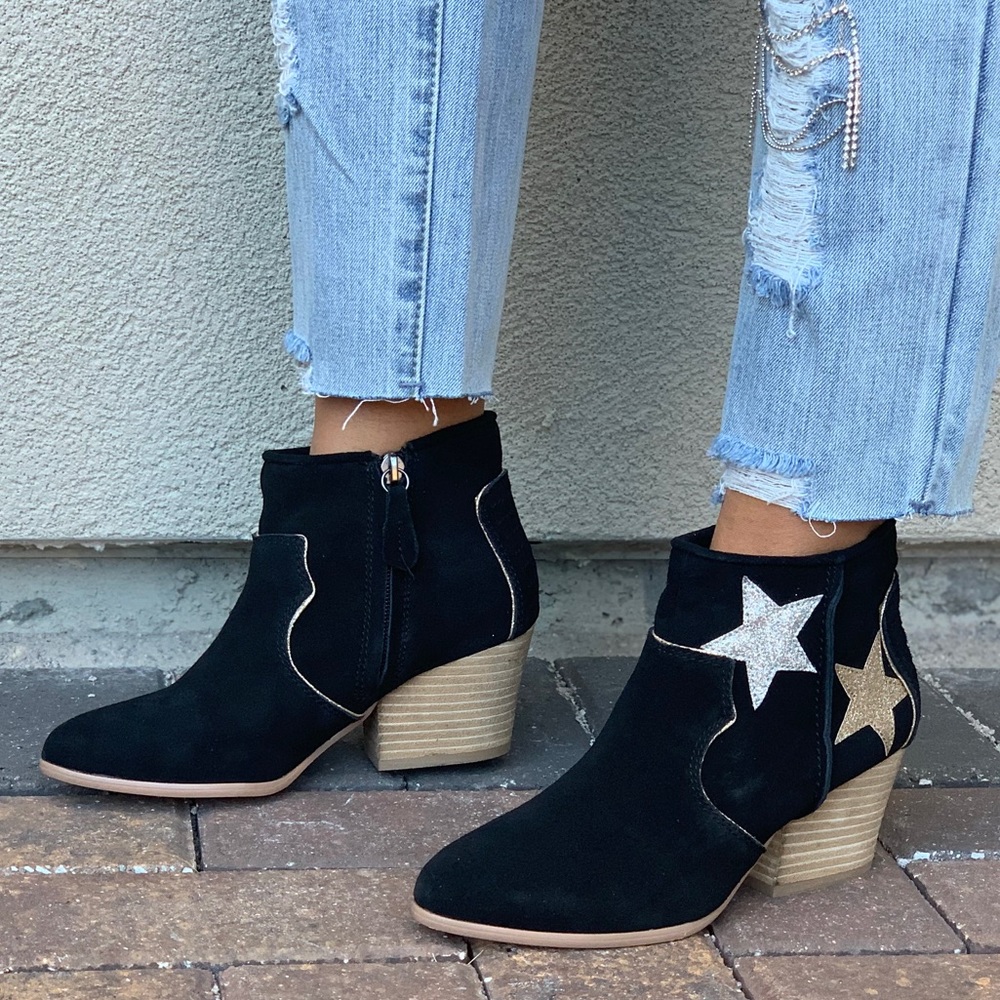 Western Glitter Embellished Suede Ankle Bootie - Picture 1 of 8